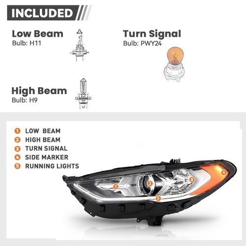 Halogen Headlight For 2017-2020 Ford Fusion w/ LED DRL w/ Bulbs Left Driver Side - Image 4