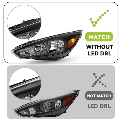 For 2015-2018 Ford Focus Black Bezel w/Bulb w/o LED DRL Halogen Headlights LH+RH - Image 3