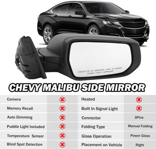 Passenger Side View Mirror for Chevy Malibu 2016 2017 2018 2019 2020 2021 2022 - Image 2