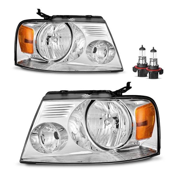 Pair Headlights Assembly For 2004-2008 Ford F-150 F150 Chrome with Bulbs