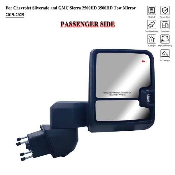 Passenger Right Side Black Tow Mirror For 19-25 Chevy Silverado GMC Sierra 2500